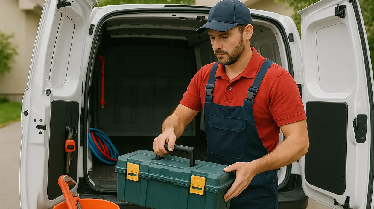 A plumbing technician putting his tool box back in his van from The Cedar Park Plumber in Cedar Park, TX - Drain Clearing Services
