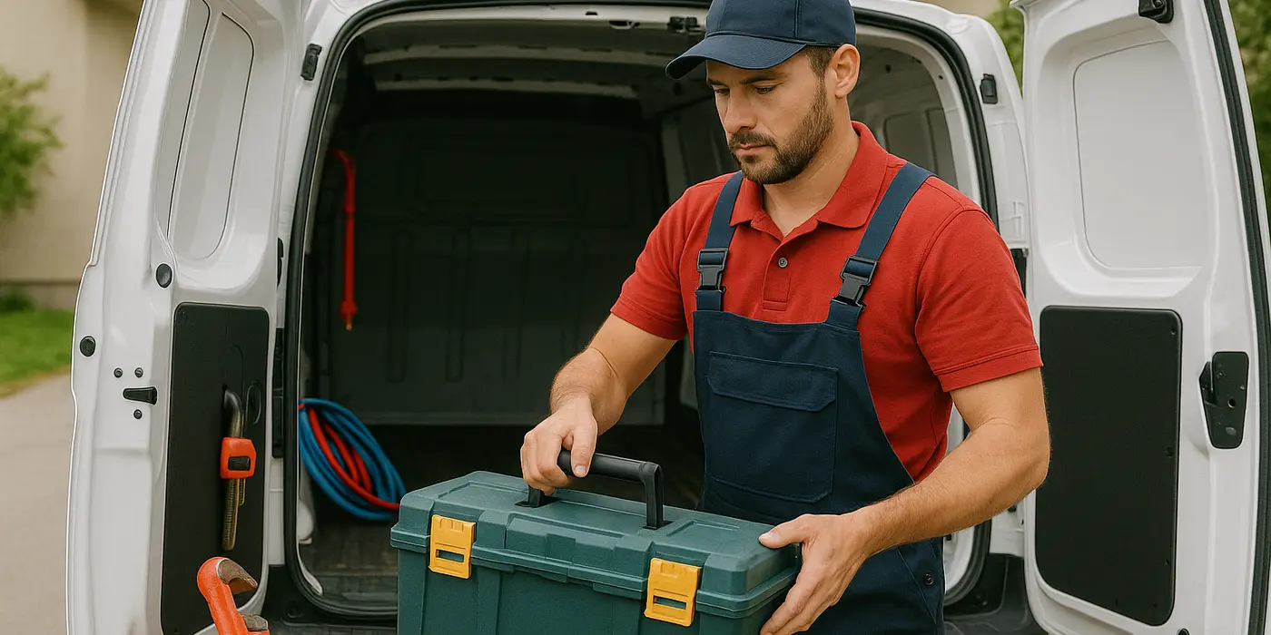 A plumbing technician putting his tool box back in his van from The Cedar Park Plumber in Cedar Park, TX - Drain Clearing Services