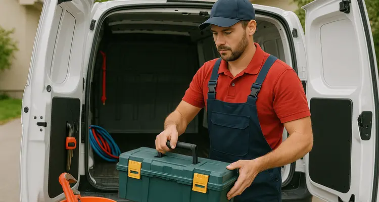 A plumbing technician putting his tool box back in his van from The Cedar Park Plumber in Cedar Park, TX - Drain Clearing Services