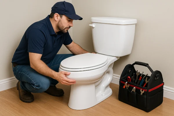 A plumber checking a toilet from The Cedar Park Plumber in Cedar Park, TX - Drain Clearing Services