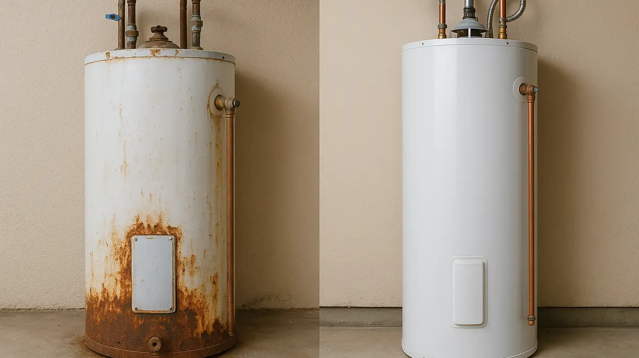 One rusted water heater next to a brand new water heater from The Cedar Park Plumber in Cedar Park, TX - Expansion Tank replacement