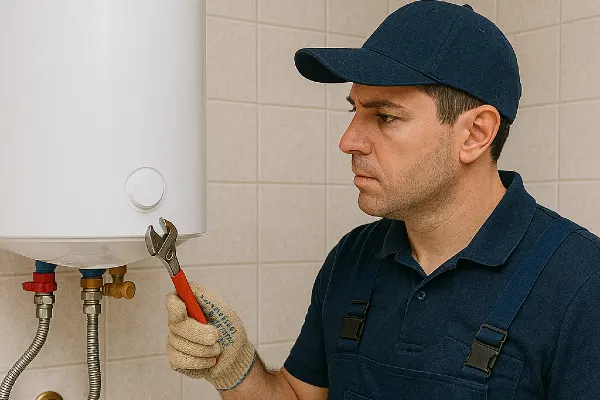 A male plumber working on a water heater hanging from the wall from The Cedar Park Plumber in Cedar Park, TX - Expansion Tank replacement