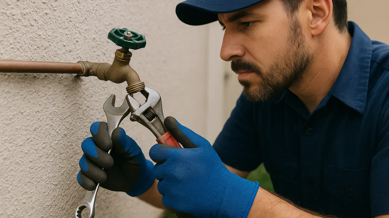 A male plumber fixing an outdoor faucet from The Cedar Park Plumber in Cedar Park, TX - Garbage Disposal Repair