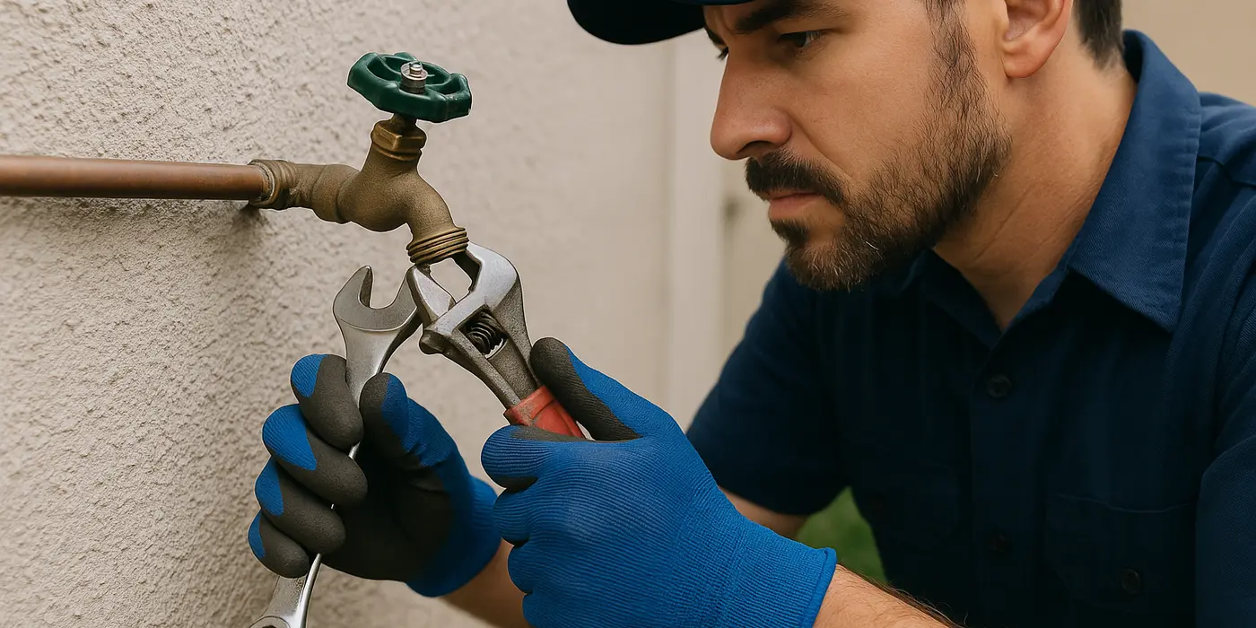 A male plumber fixing an outdoor faucet from The Cedar Park Plumber in Cedar Park, TX - Garbage Disposal Repair