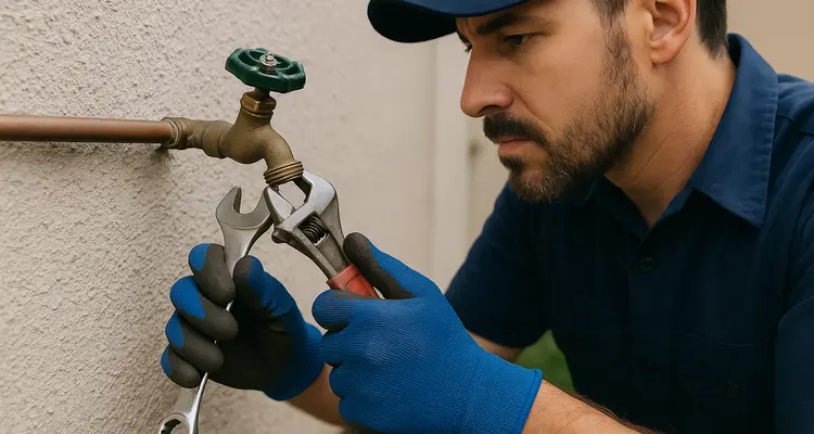 A male plumber fixing an outdoor faucet from The Cedar Park Plumber in Cedar Park, TX - Garbage Disposal Repair