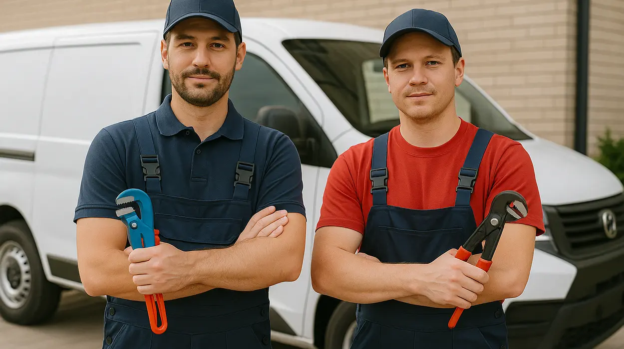 2 male plumbers looking at the camera from The Cedar Park Plumber in Cedar Park, TX - Shower cartridge replacement