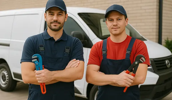 2 male plumbers looking at the camera from The Cedar Park Plumber in Cedar Park, TX - Shower cartridge replacement