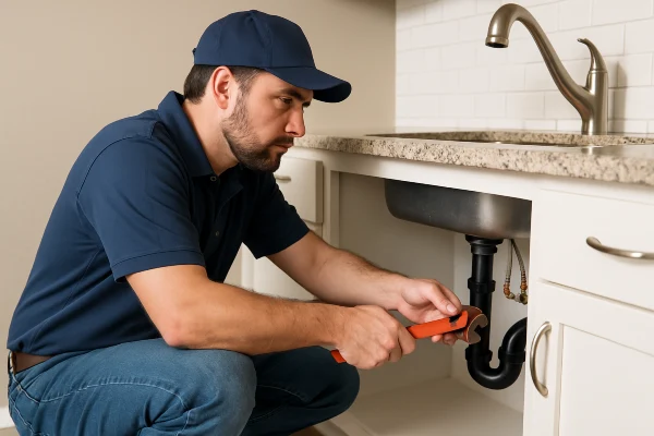 A male plumber checking a kitchen sink pipe connection from The Cedar Park Plumber in Cedar Park, TX - Shower cartridge replacement