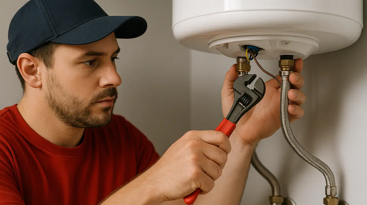 A male plumbing technician tightening a water heater connection from The Cedar Park Plumber in Cedar Park, TX - Water filtration system installation