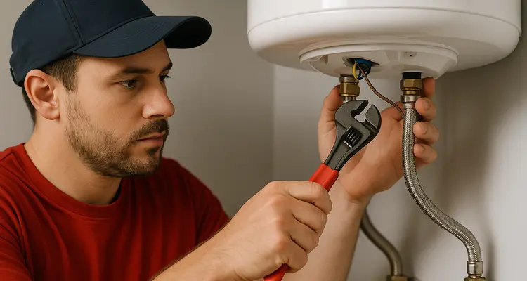 A male plumbing technician tightening a water heater connection from The Cedar Park Plumber in Cedar Park, TX - Water filtration system installation