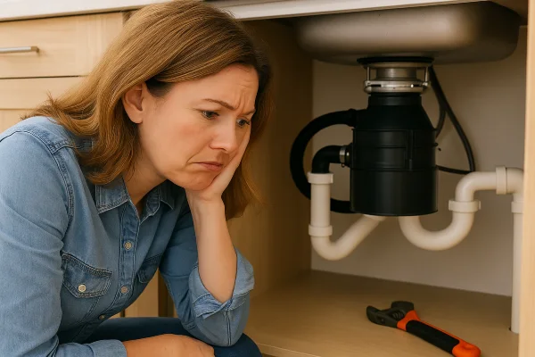 A sad woman looking a broken garbage disposal from The Cedar Park Plumber in Cedar Park, TX - Water filtration system installation