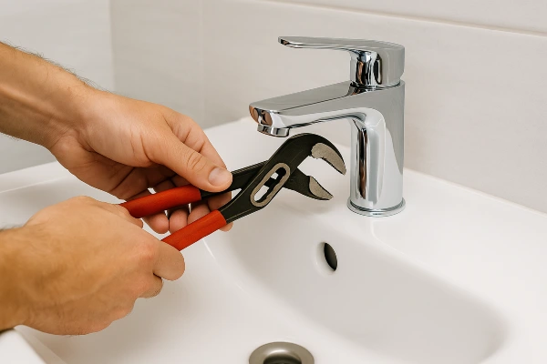 A technician fixing bathroom a water faucet from The Cedar Park Plumber in Cedar Park, TX - Water filtration system installation