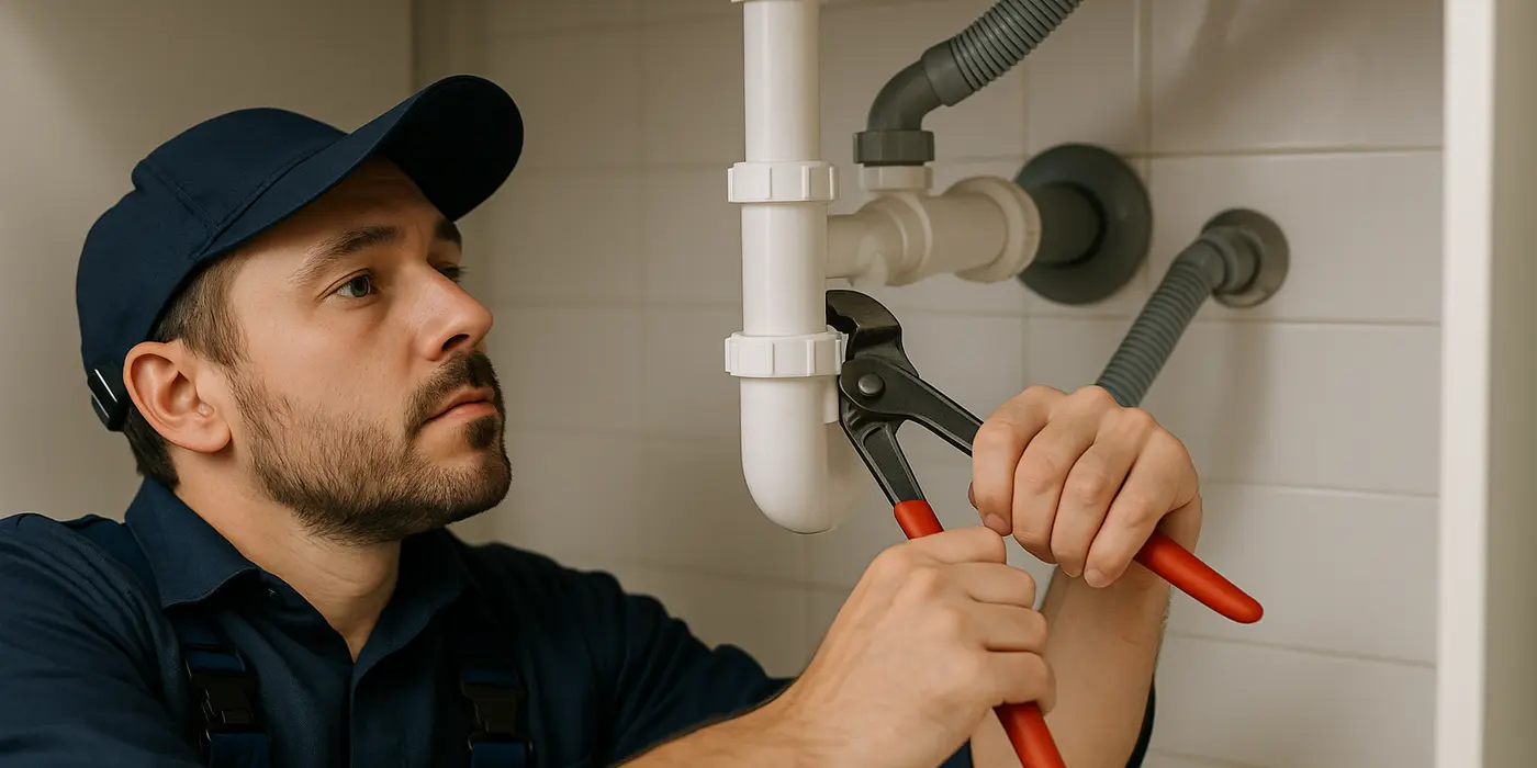 A male plumbing technician tightening a sink pipe from The Cedar Park Plumber in Cedar Park, TX - water softener installation