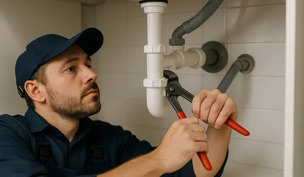 A male plumbing technician tightening a sink pipe from The Cedar Park Plumber in Cedar Park, TX - water softener installation