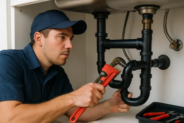 A male plumber fixing a sink pipe from The Cedar Park Plumber in Cedar Park, TX - water softener installation